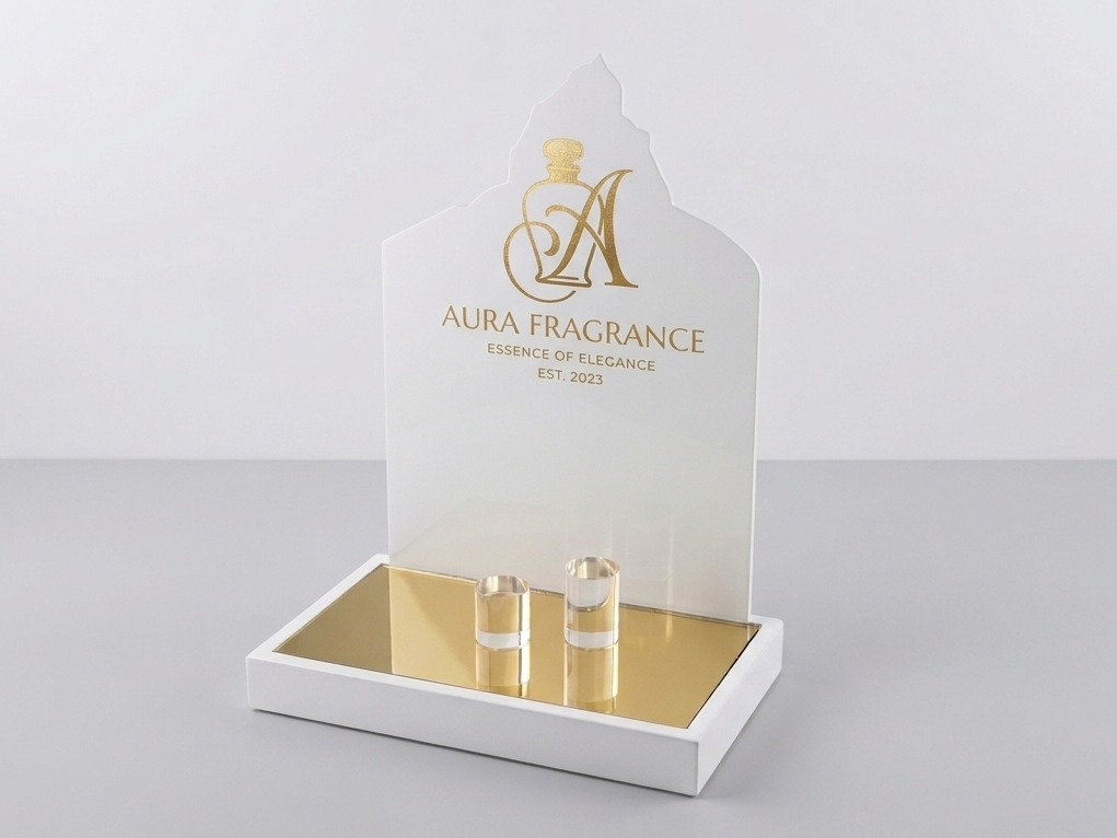 espositore da banco per profumerie in legno e plexiglass specchiato
